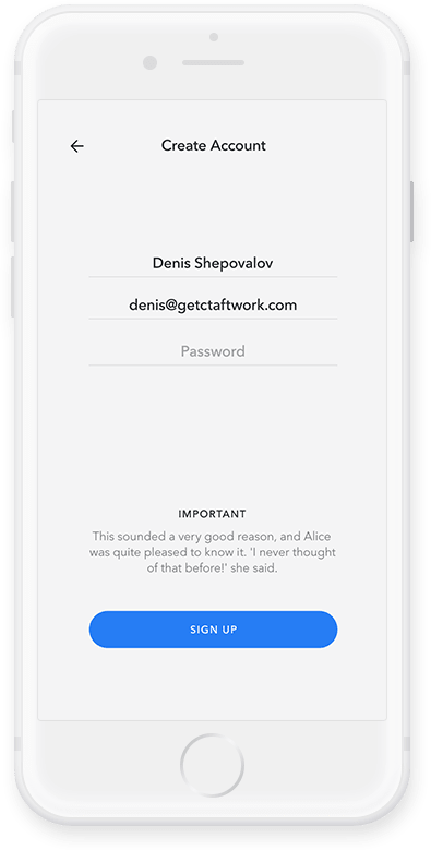 Create account page of app on iPhone